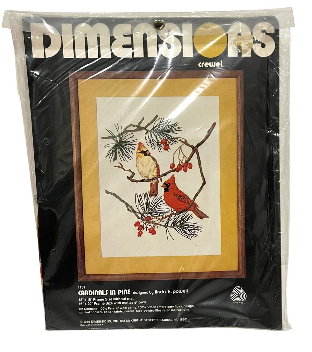 Vintage Dimensions Crewel Stitchery Kit Cardinals in Pine #1131 12x16 Birds